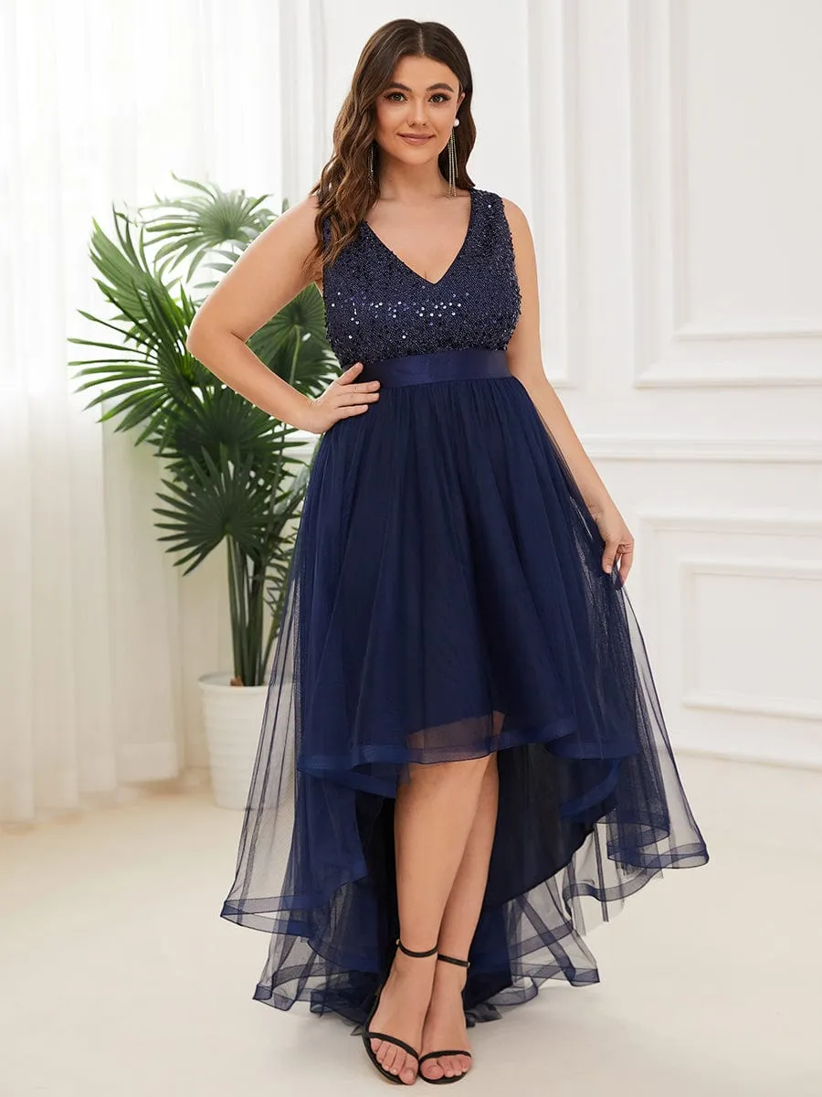 Custom Size Sequin Sleeveless Ribbon Waist Tulle High Low Evening Dress