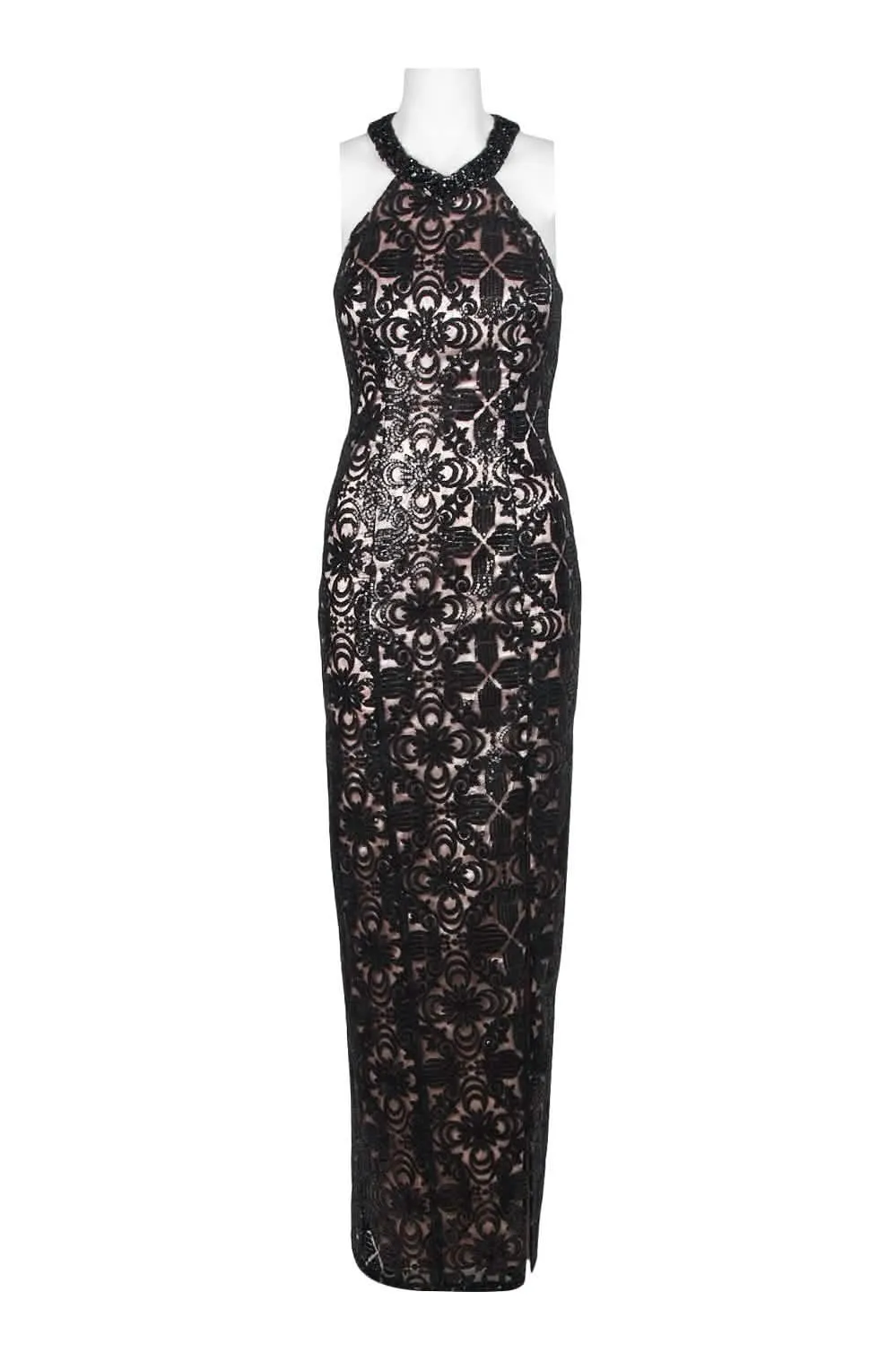 Elegant Embroidered Mesh Halter Dress with Striking Cutout Back and Stylish Accents