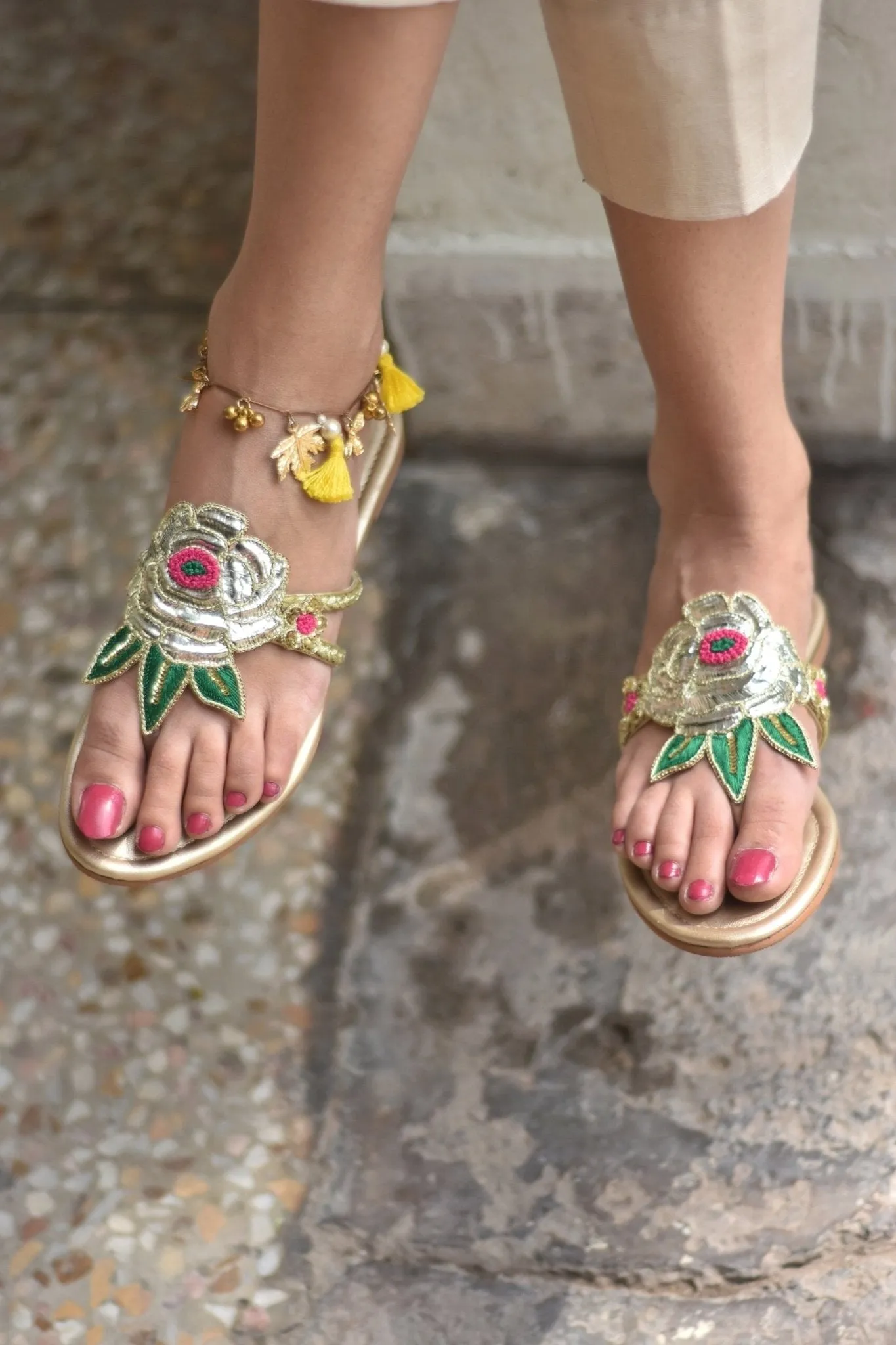 Embroidered Mukaish Chappals | Jhill Mill Gulab