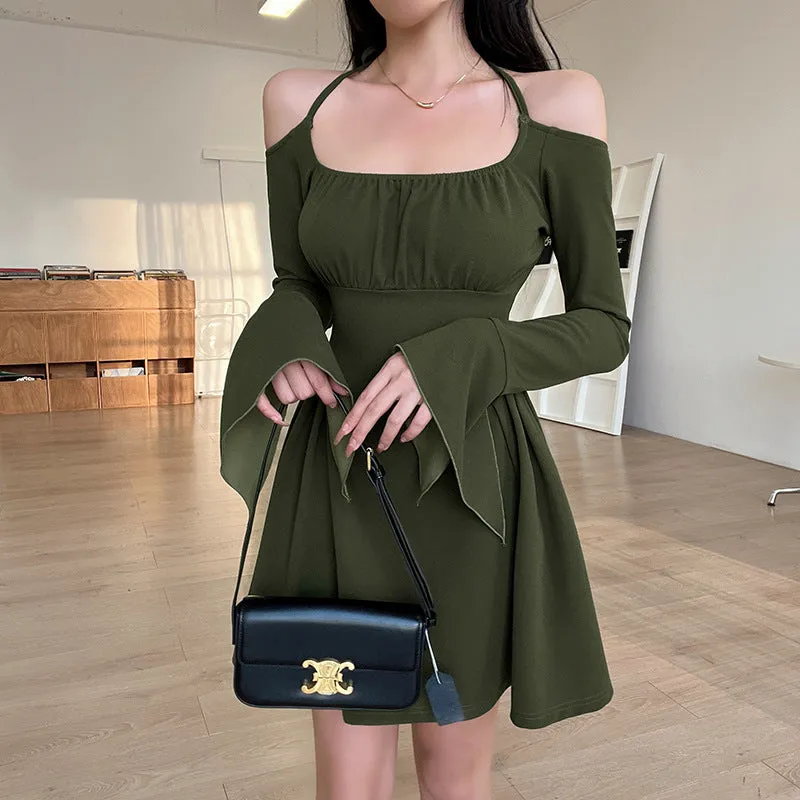 Fairycore Solid Green Cold Shoulder Dress