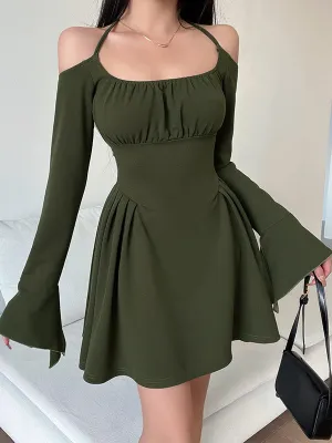 Fairycore Solid Green Cold Shoulder Dress