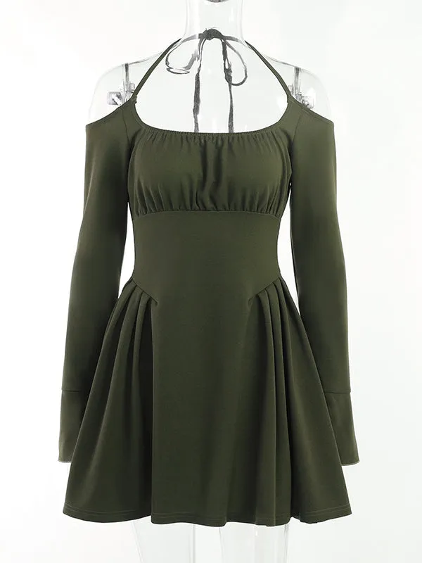 Fairycore Solid Green Cold Shoulder Dress