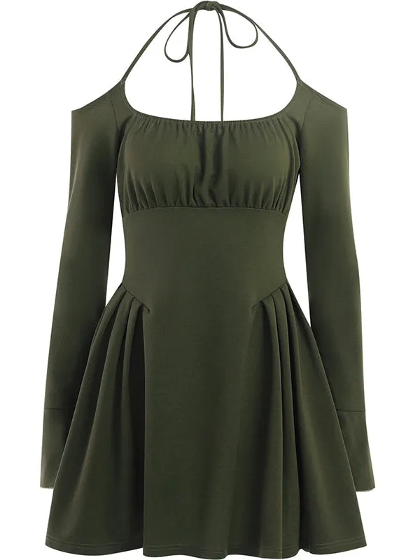 Fairycore Solid Green Cold Shoulder Dress