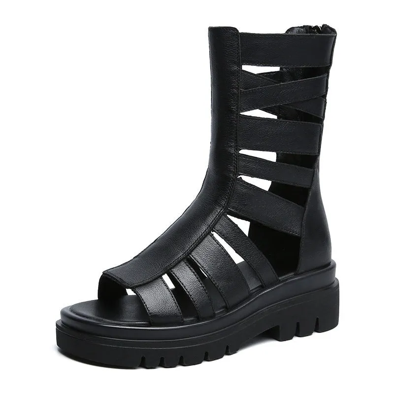 Genuine Leather Platform Sandals Back Zip Summer Boots Open Toe in Black