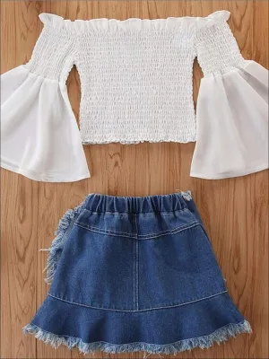 Girls Boho Ruched Flare Sleeve Top and Denim Skirt Set