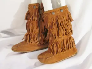 Girls MINNETONKA Suede Fringe Ankle Boots Booties Moccasin Hippie BROWN Shoes 1