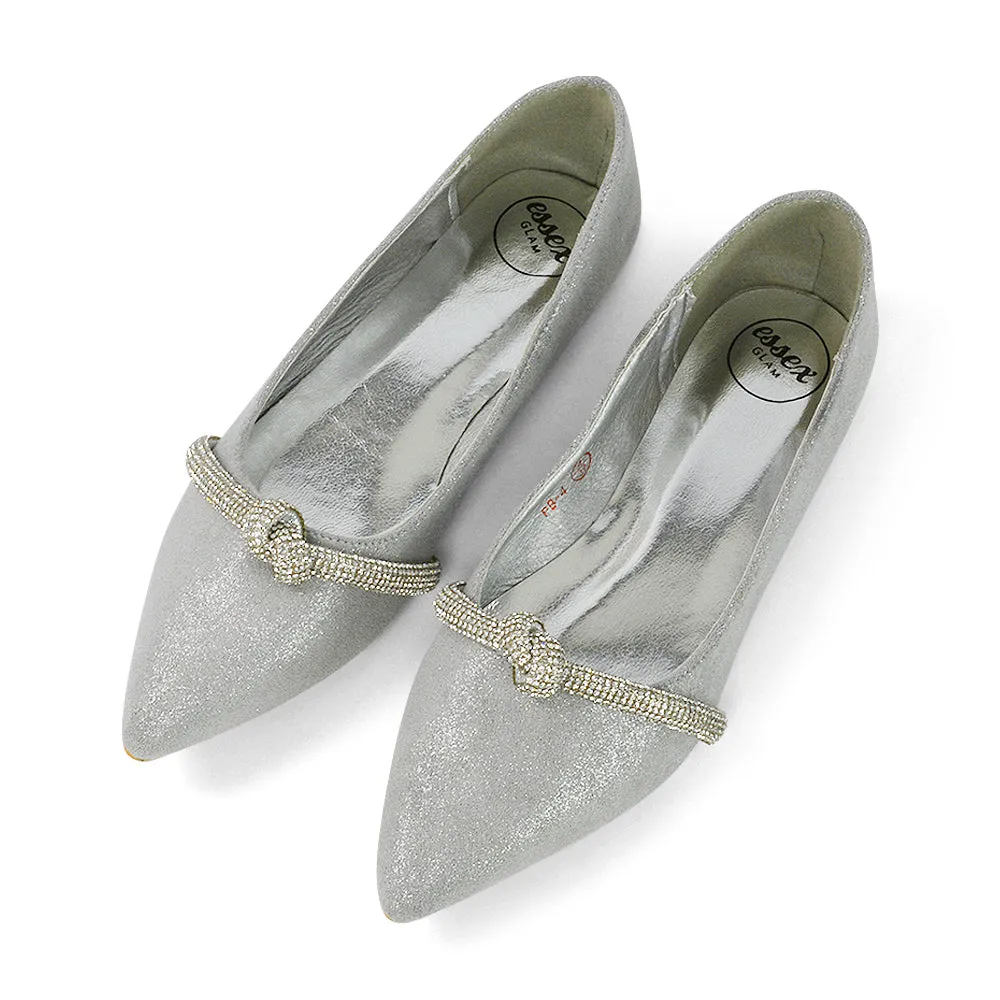 Halley Flat Heel Pointed Toe Sparkly Wedding Embellished Diamante Bridal Pumps in Ivory Satin