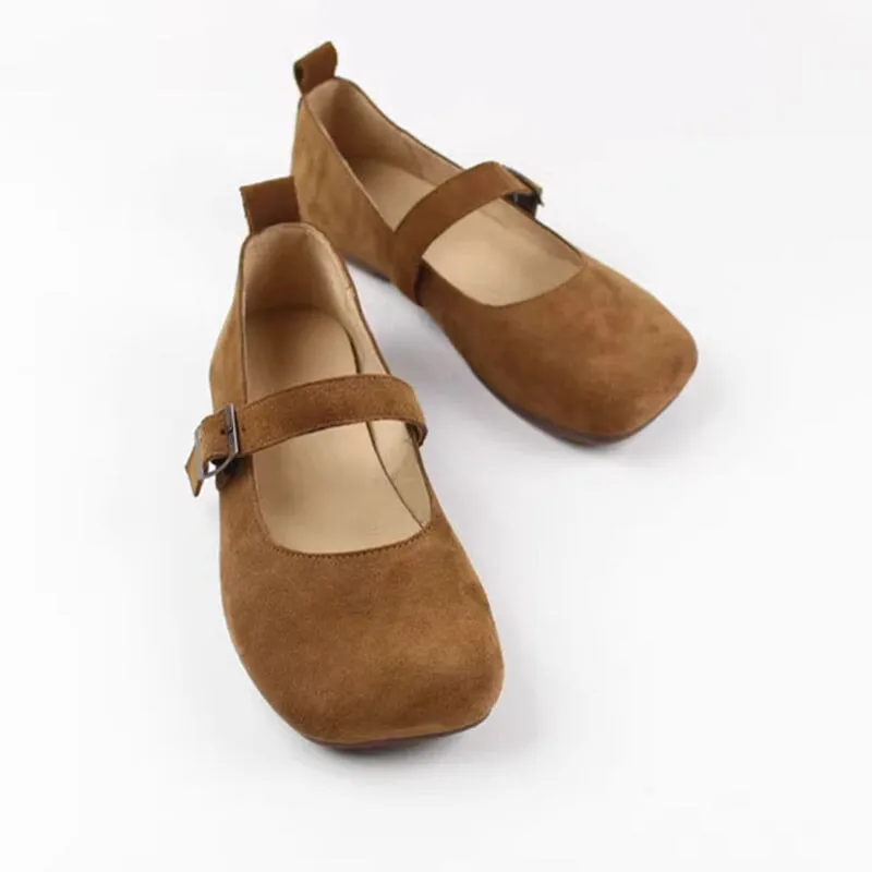 Handmade Suede Leather Mary Jane Breathable in Apricot/Brown