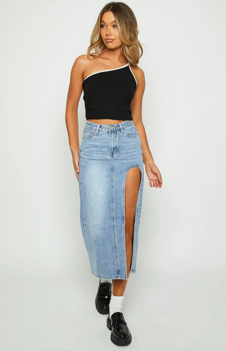 Kenzie Black Contrast Bind One Shoulder Top