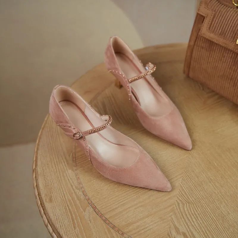 Leather Strap Mary Jane Pumps 65mm Kitty Heel Point Toe in Pink/Apricot