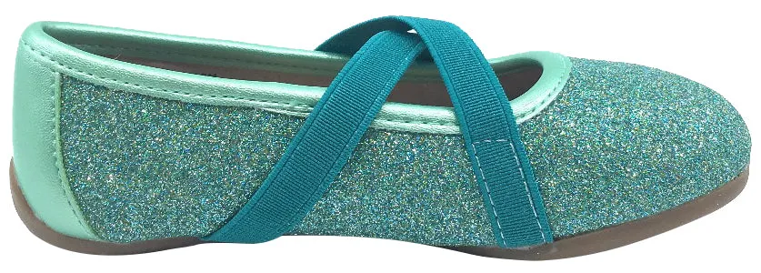 Livie & Luca Girl's Aurora Turquoise Shimmer Blue with Trim Slip On Ballet Flat with Criss-Crossing Elastic Straps