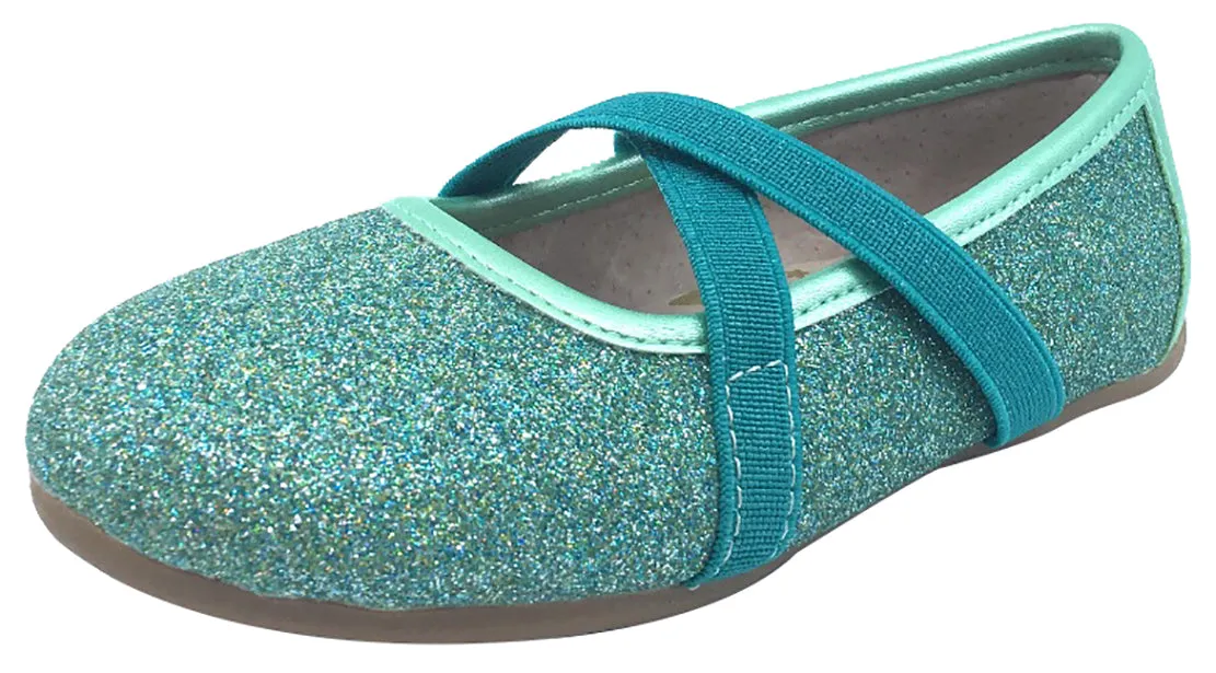 Livie & Luca Girl's Aurora Turquoise Shimmer Blue with Trim Slip On Ballet Flat with Criss-Crossing Elastic Straps