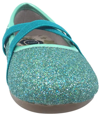 Livie & Luca Girl's Aurora Turquoise Shimmer Blue with Trim Slip On Ballet Flat with Criss-Crossing Elastic Straps