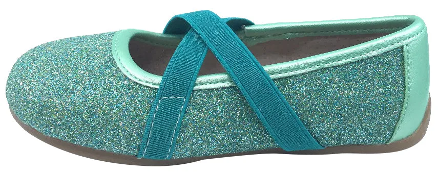 Livie & Luca Girl's Aurora Turquoise Shimmer Blue with Trim Slip On Ballet Flat with Criss-Crossing Elastic Straps