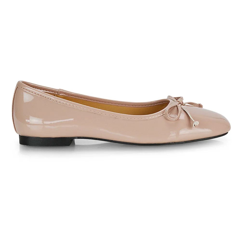 Lizzy Bow Detailing Flat Square Toe Ballerina Pump Shoes in Nude