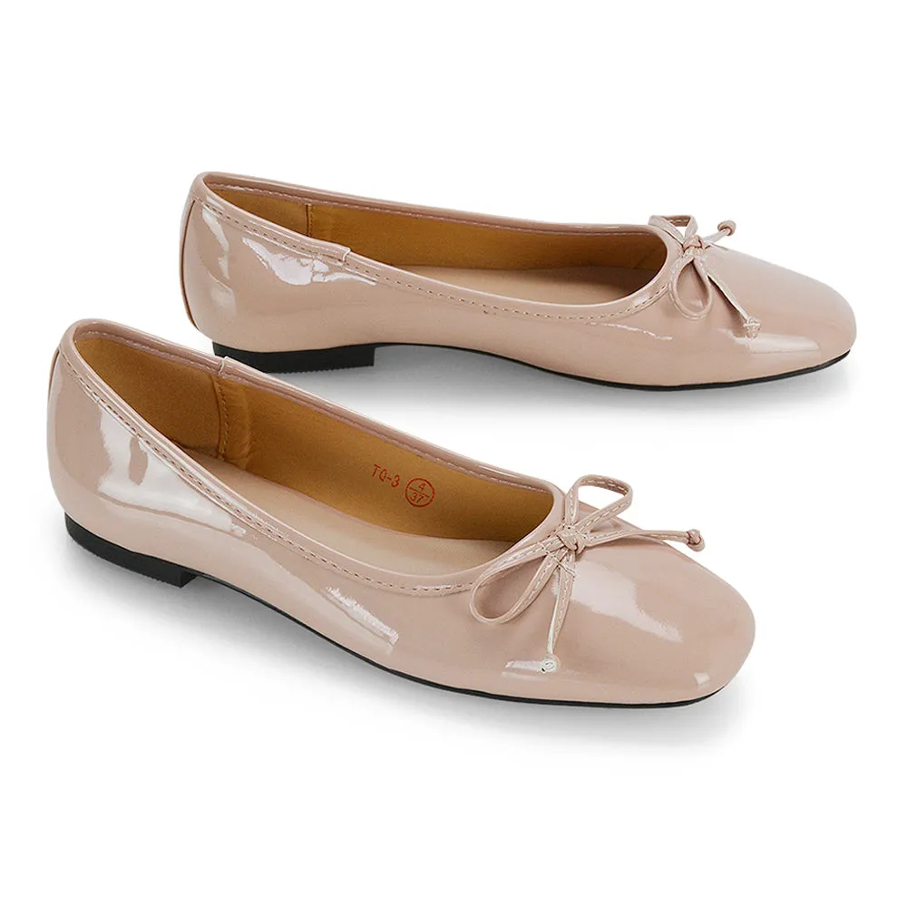 Lizzy Bow Detailing Flat Square Toe Ballerina Pump Shoes in Nude