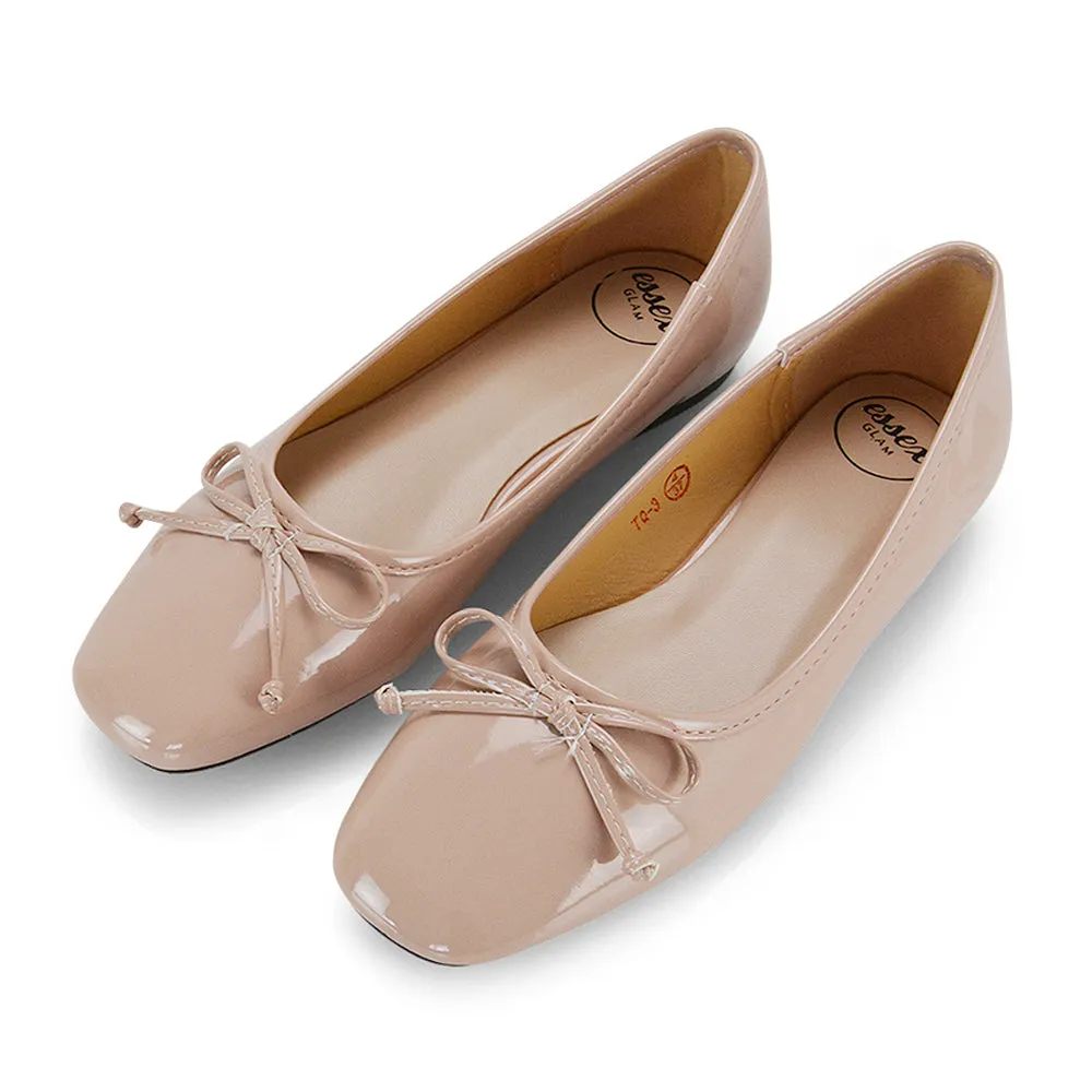 Lizzy Bow Detailing Flat Square Toe Ballerina Pump Shoes in Nude