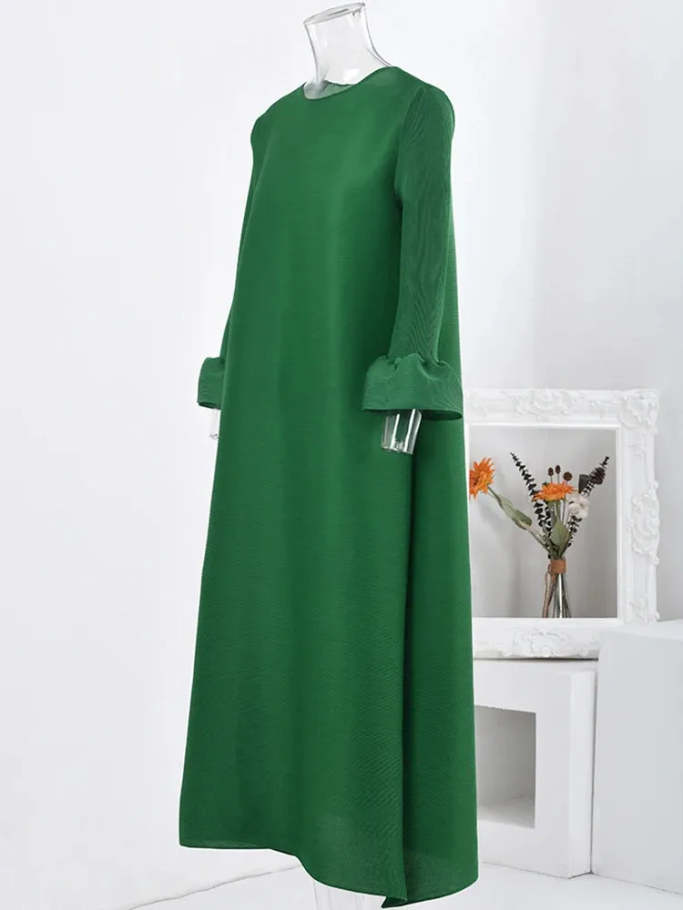 Luxe Pleated Midi Dress with Puff Sleeves