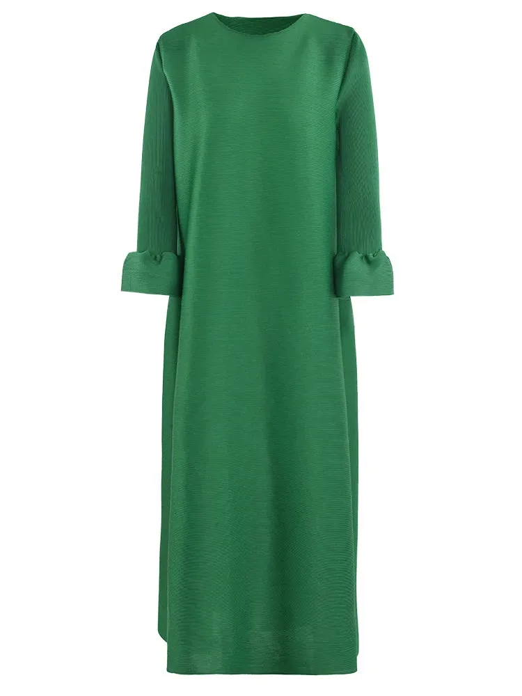 Luxe Pleated Midi Dress with Puff Sleeves