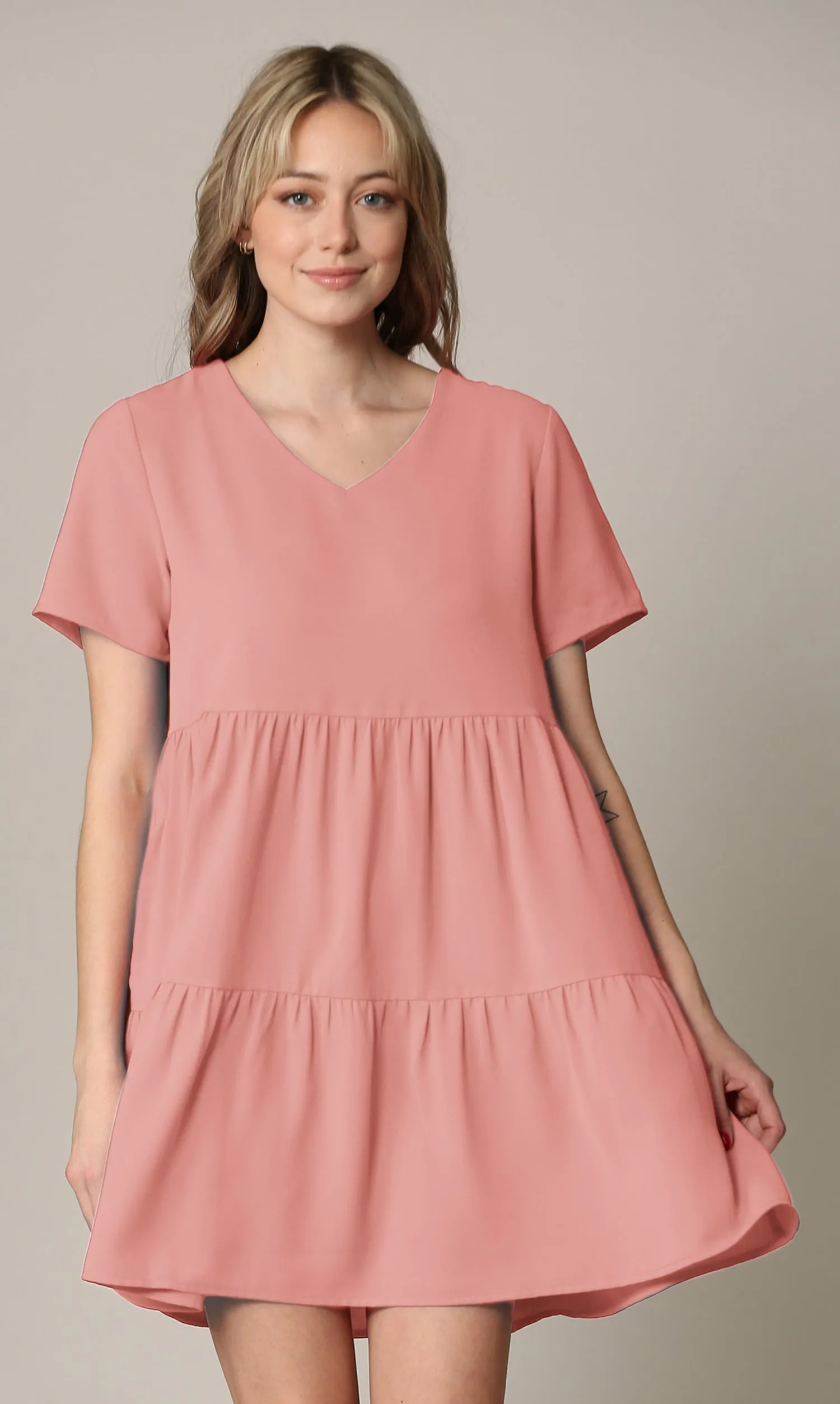 Made By Johnny Casual Flowy Swing Shift Short Sleeve Tiered Dress