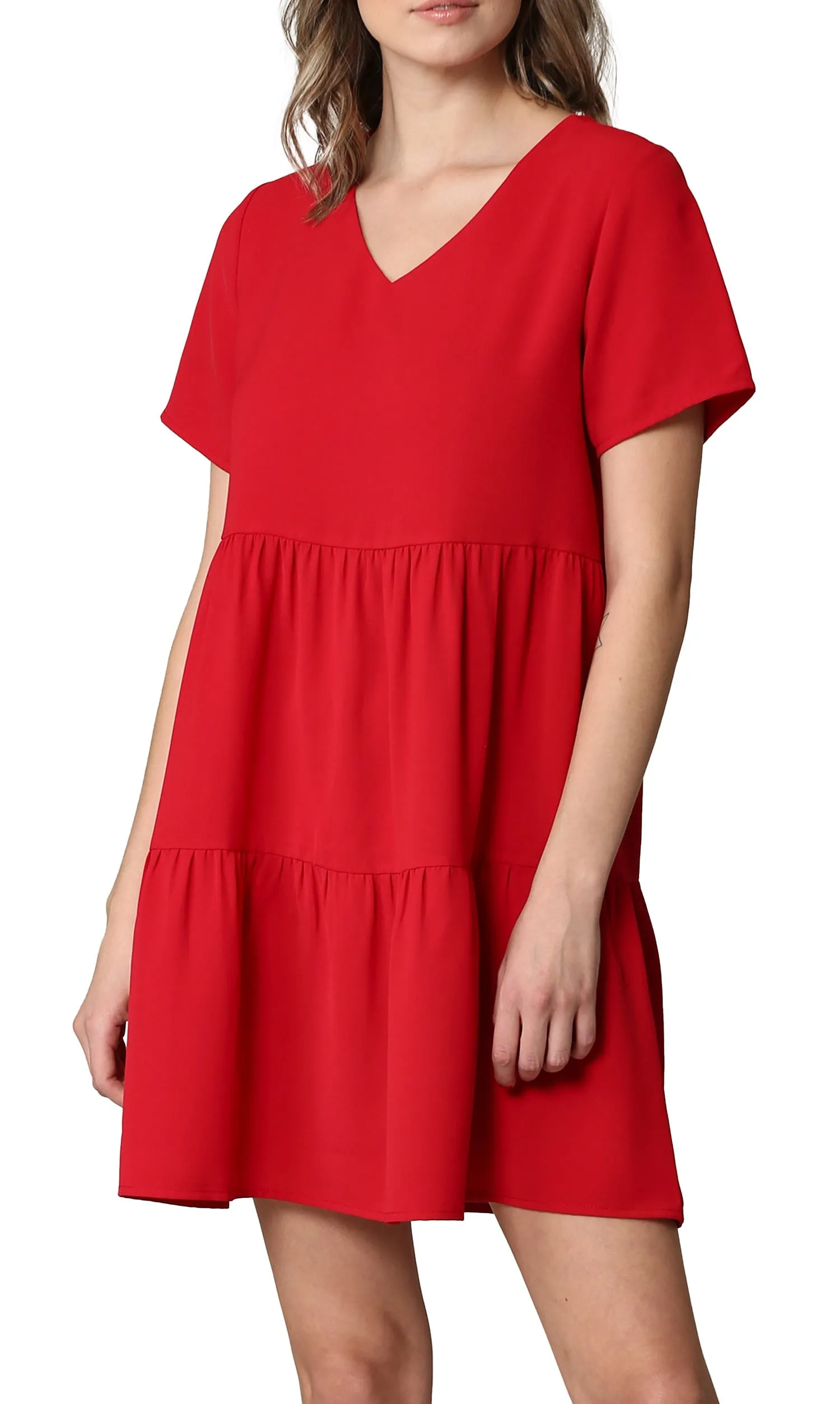 Made By Johnny Casual Flowy Swing Shift Short Sleeve Tiered Dress