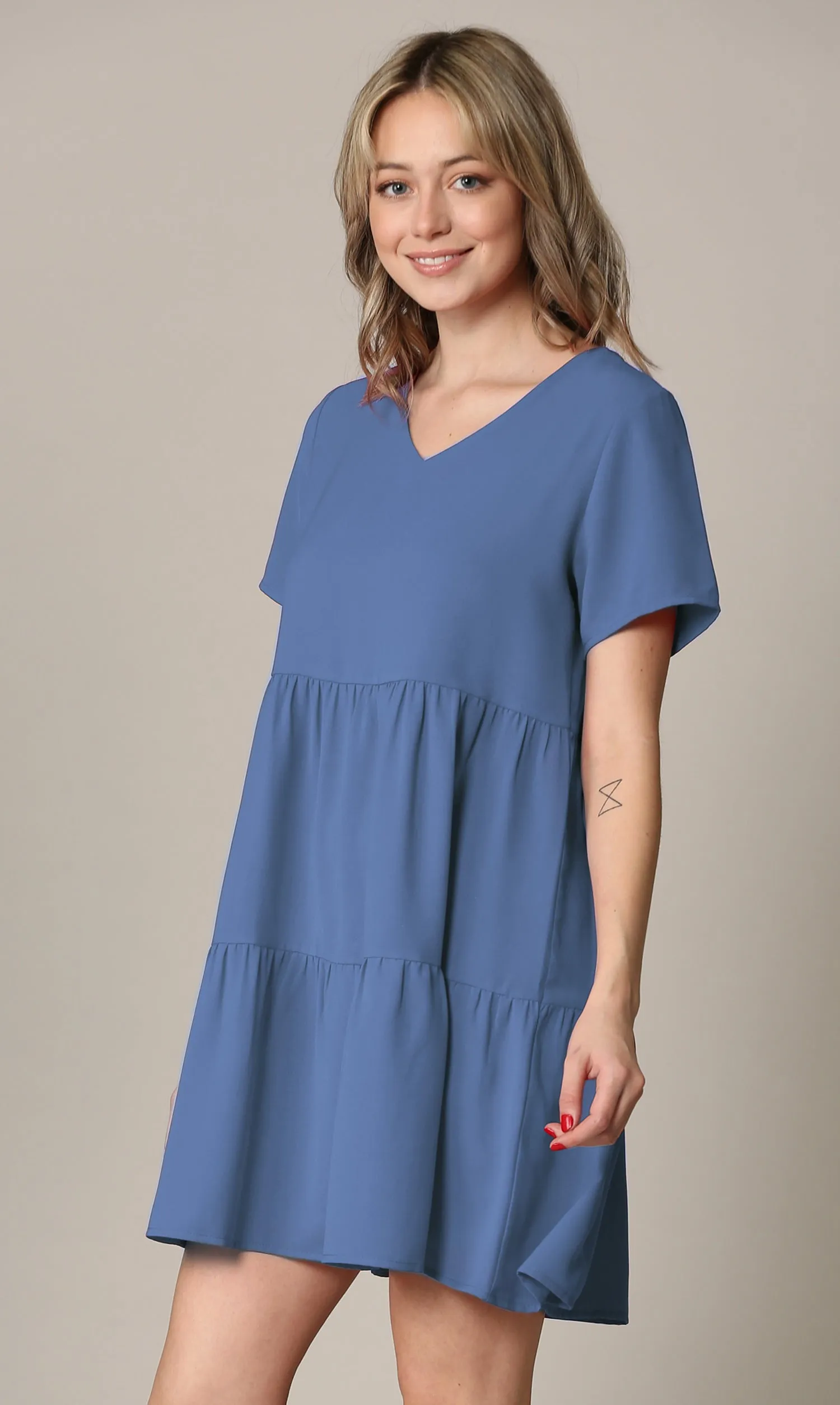 Made By Johnny Casual Flowy Swing Shift Short Sleeve Tiered Dress