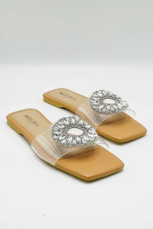 Mahana Diamante Broach Perspex Sliders in Nude