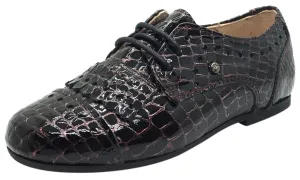 Manuela de Juan Girl's & Boy's Mat Wine Croc Embossed Patent Leather Lace Up Oxford Shoes with Stitched Fringe