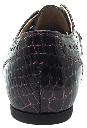 Manuela de Juan Girl's & Boy's Mat Wine Croc Embossed Patent Leather Lace Up Oxford Shoes with Stitched Fringe