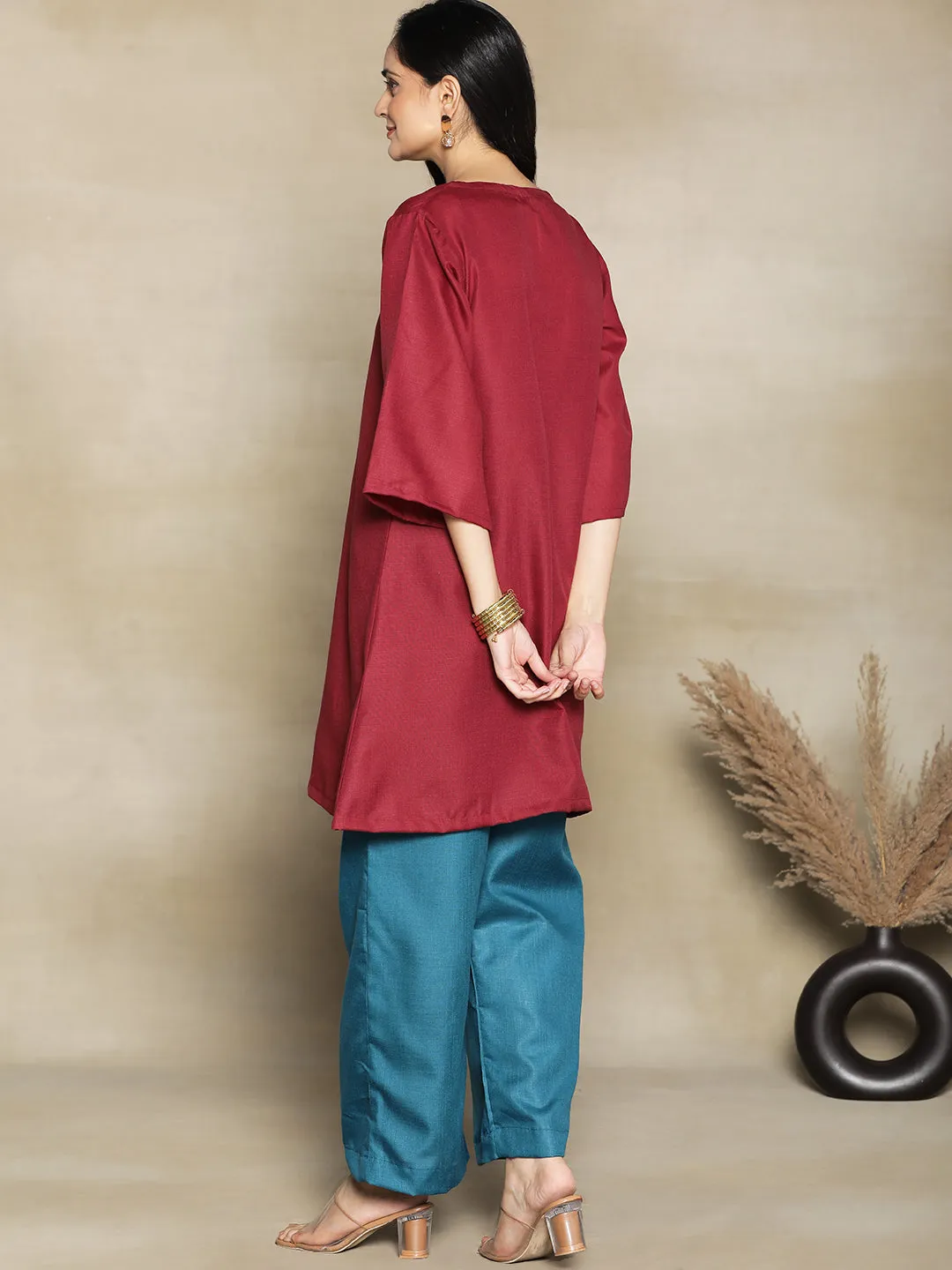 Maroon CottonSlub ShortKurti & Teal Palazzo