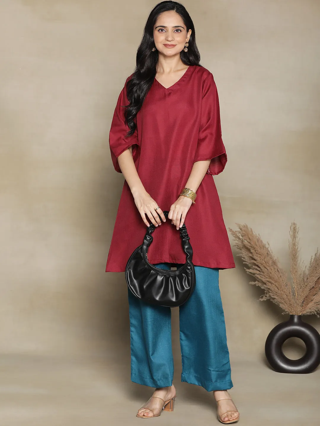 Maroon CottonSlub ShortKurti & Teal Palazzo