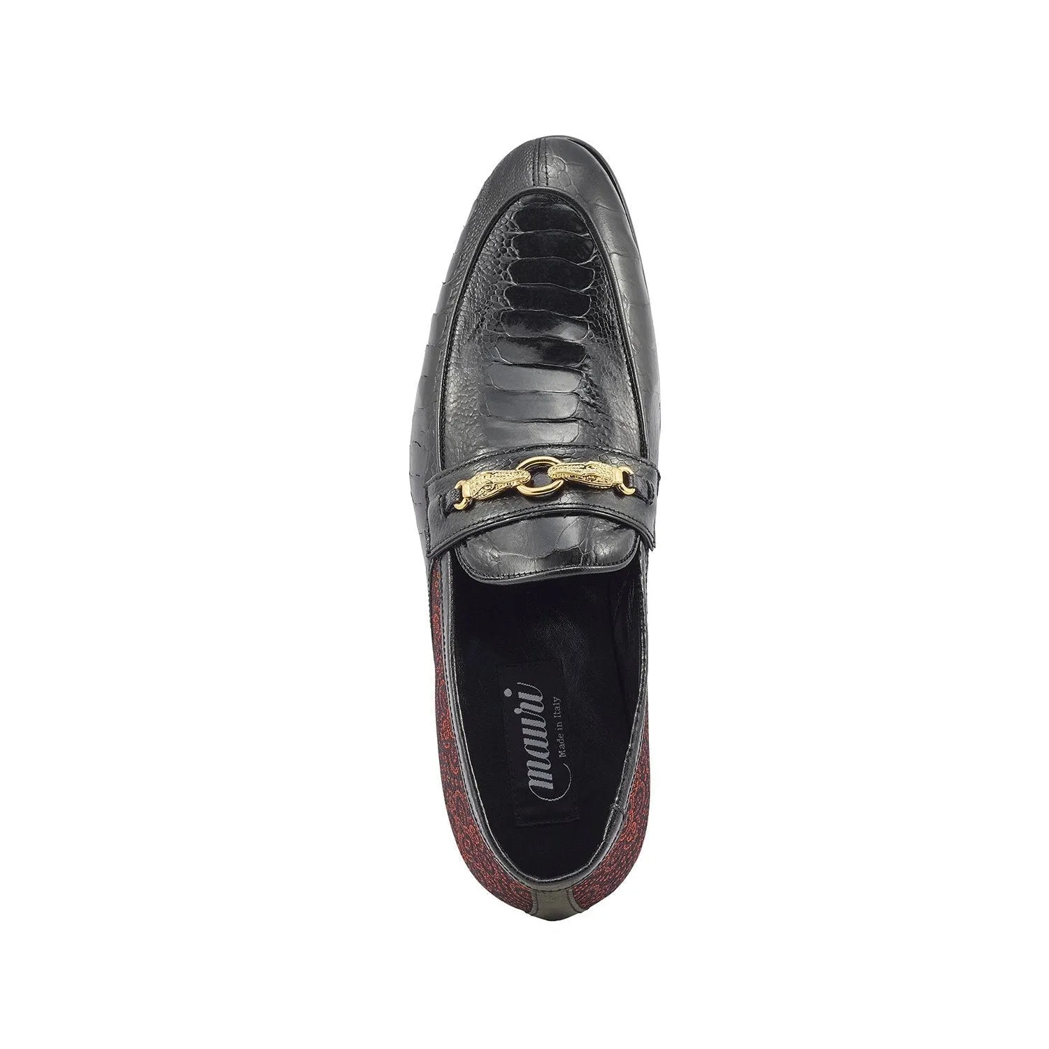 Mauri 4946 Monet Men's Shoes Black & Coral Red Exotic Ostrich Leg / Matahari Fabric Horsebit Loafers (MA5398)