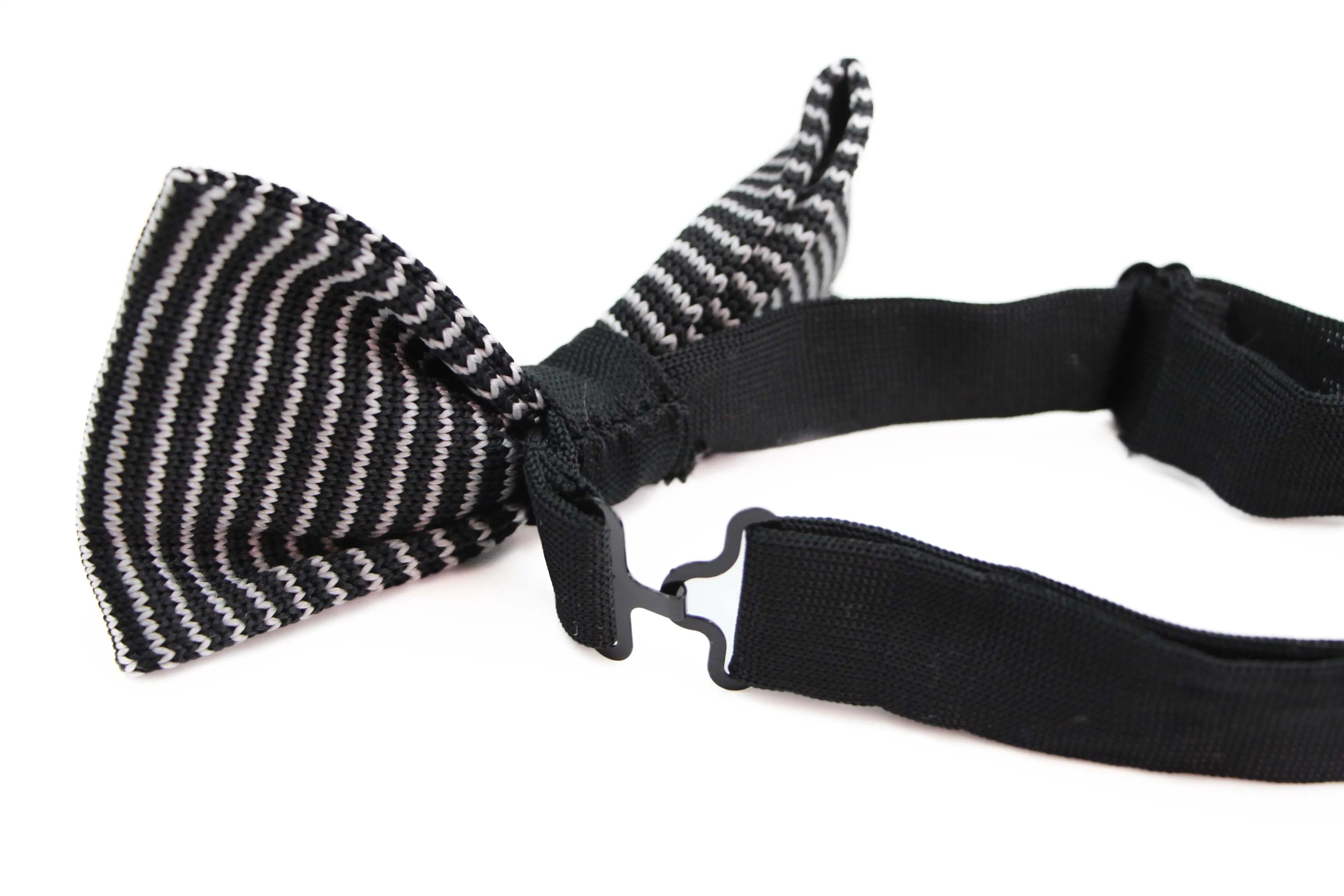 Mens Black & White Vertical Striped Knitted Bow Tie