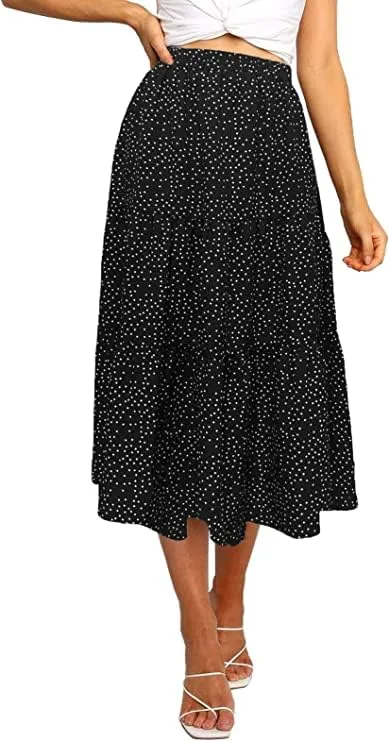 MEROKEETY Boho Print Pleated A-Line Midi Skirt