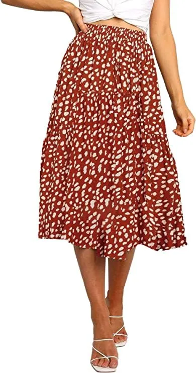 MEROKEETY Boho Print Pleated A-Line Midi Skirt