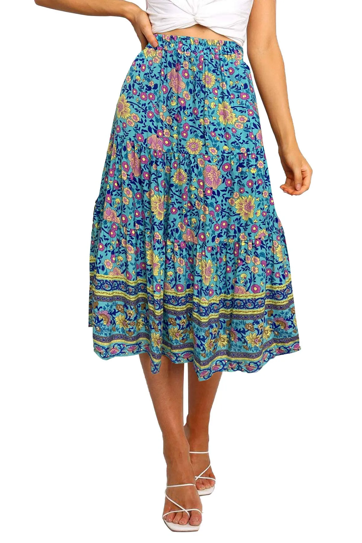 MEROKEETY Boho Print Pleated A-Line Midi Skirt