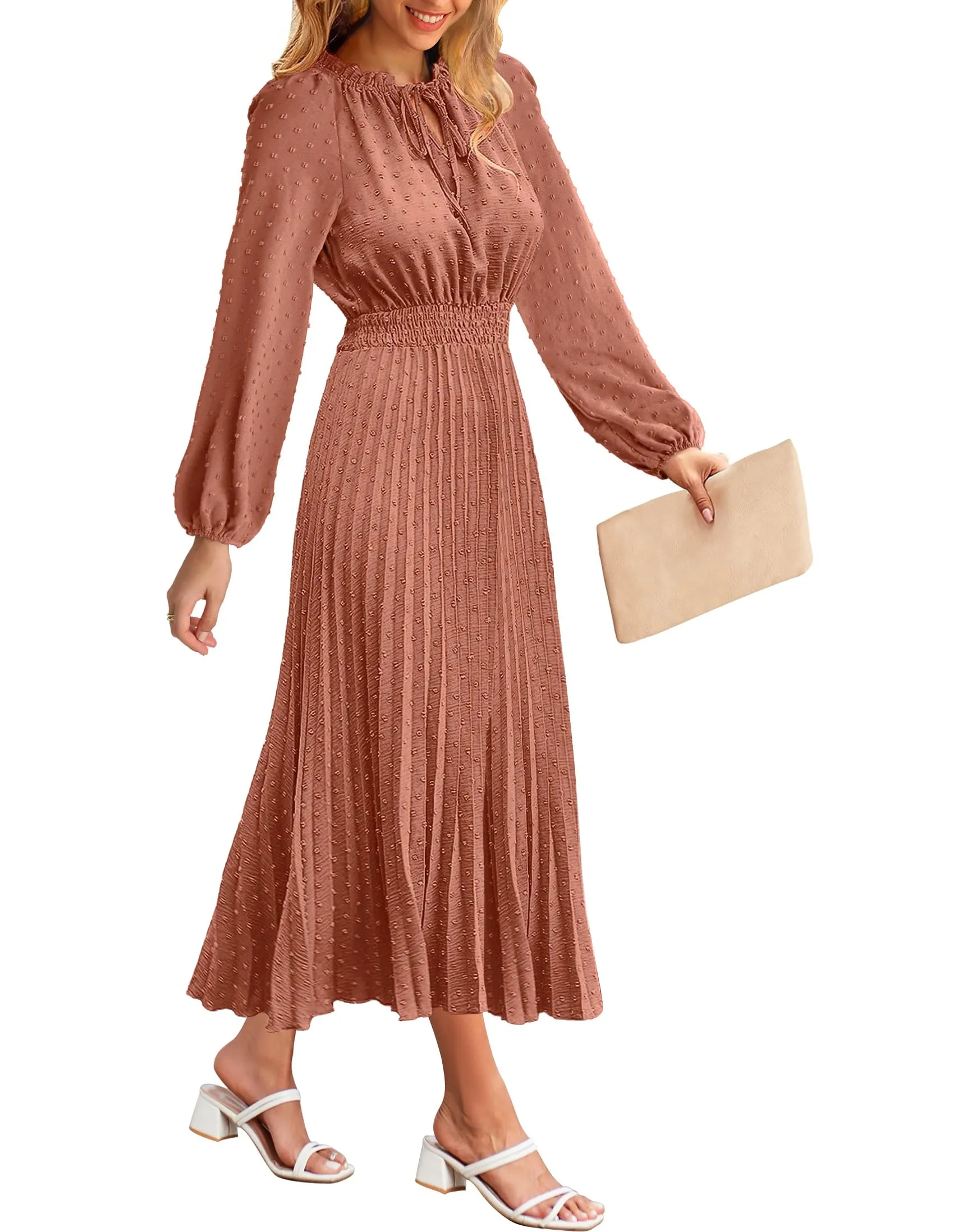 MEROKEETY Long Sleeve Tie V Neck Swiss Dot Pleated Maxi Dress