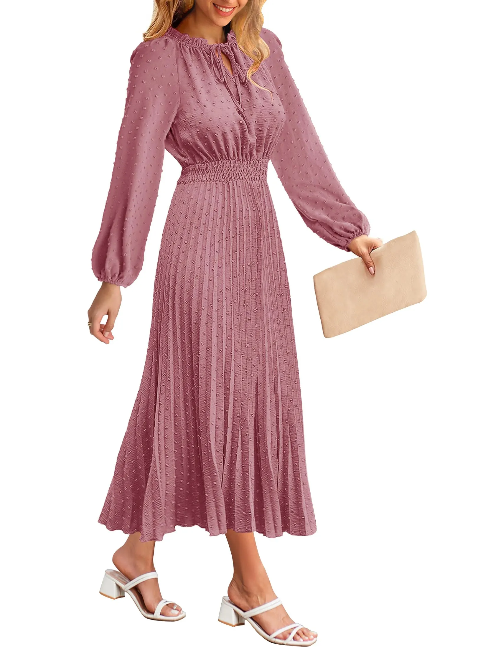 MEROKEETY Long Sleeve Tie V Neck Swiss Dot Pleated Maxi Dress