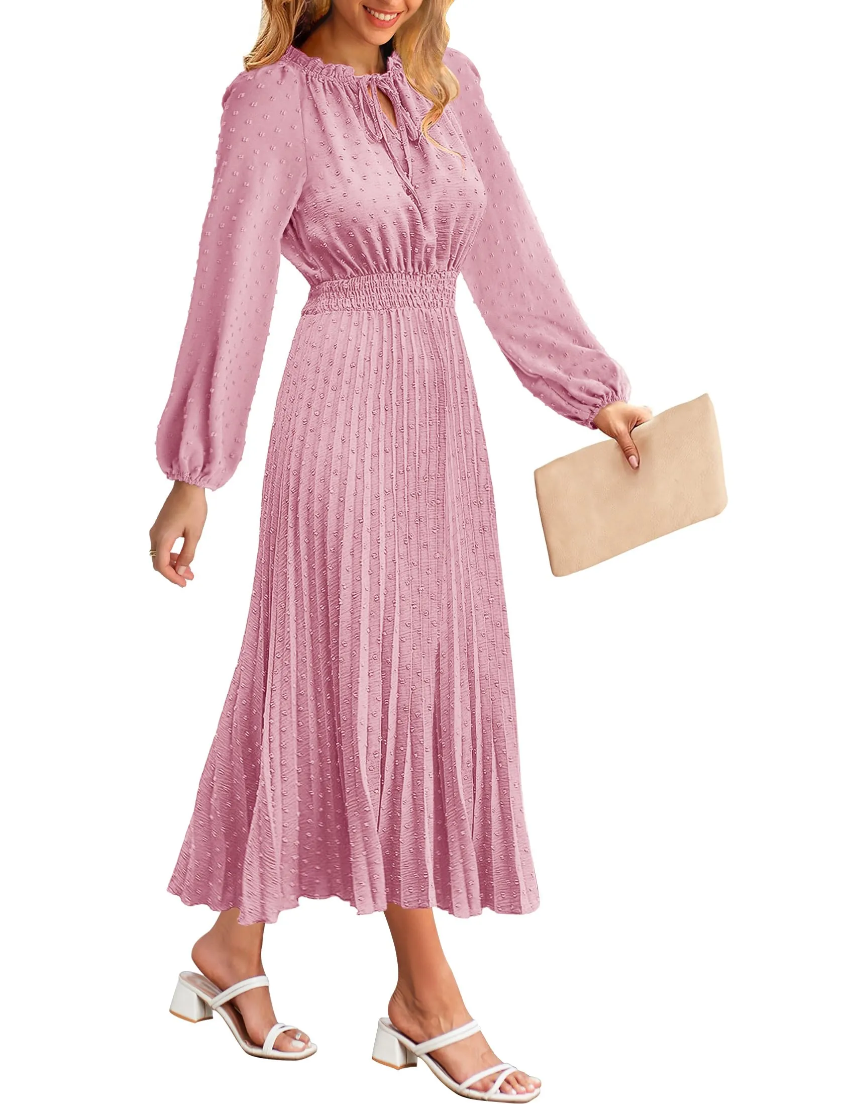 MEROKEETY Long Sleeve Tie V Neck Swiss Dot Pleated Maxi Dress