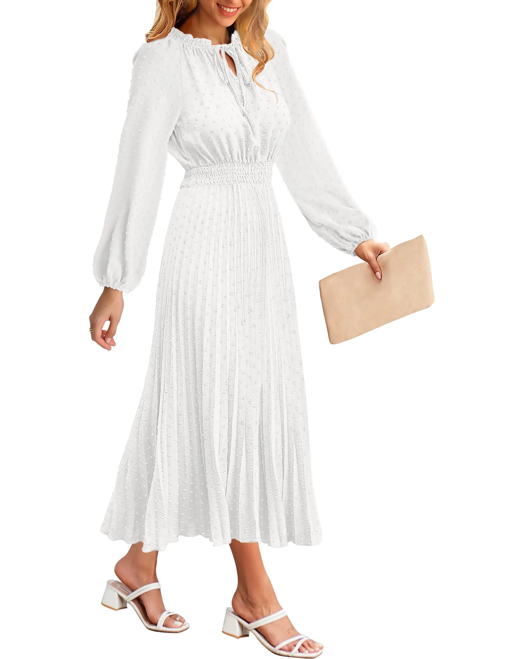 MEROKEETY Long Sleeve Tie V Neck Swiss Dot Pleated Maxi Dress