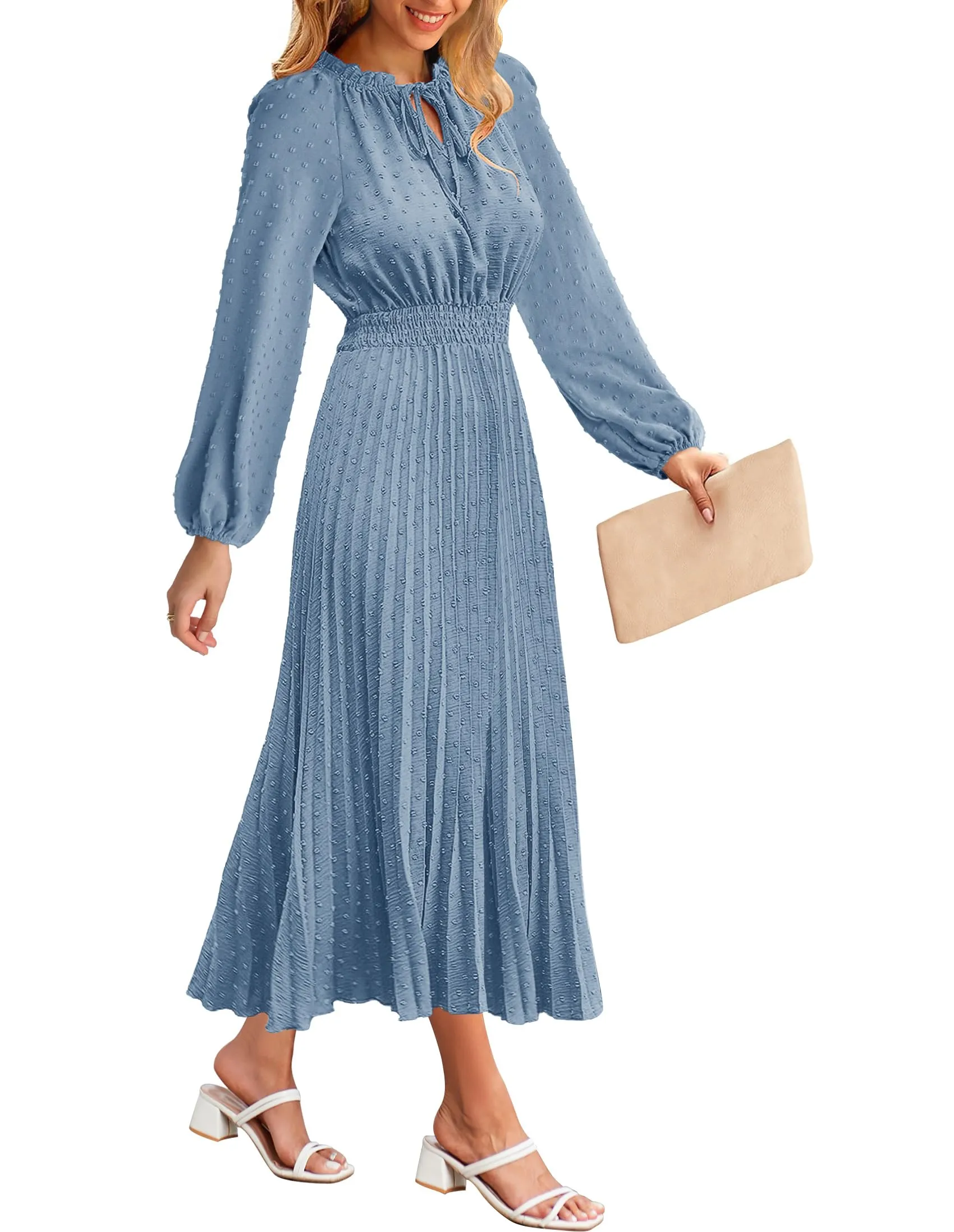 MEROKEETY Long Sleeve Tie V Neck Swiss Dot Pleated Maxi Dress