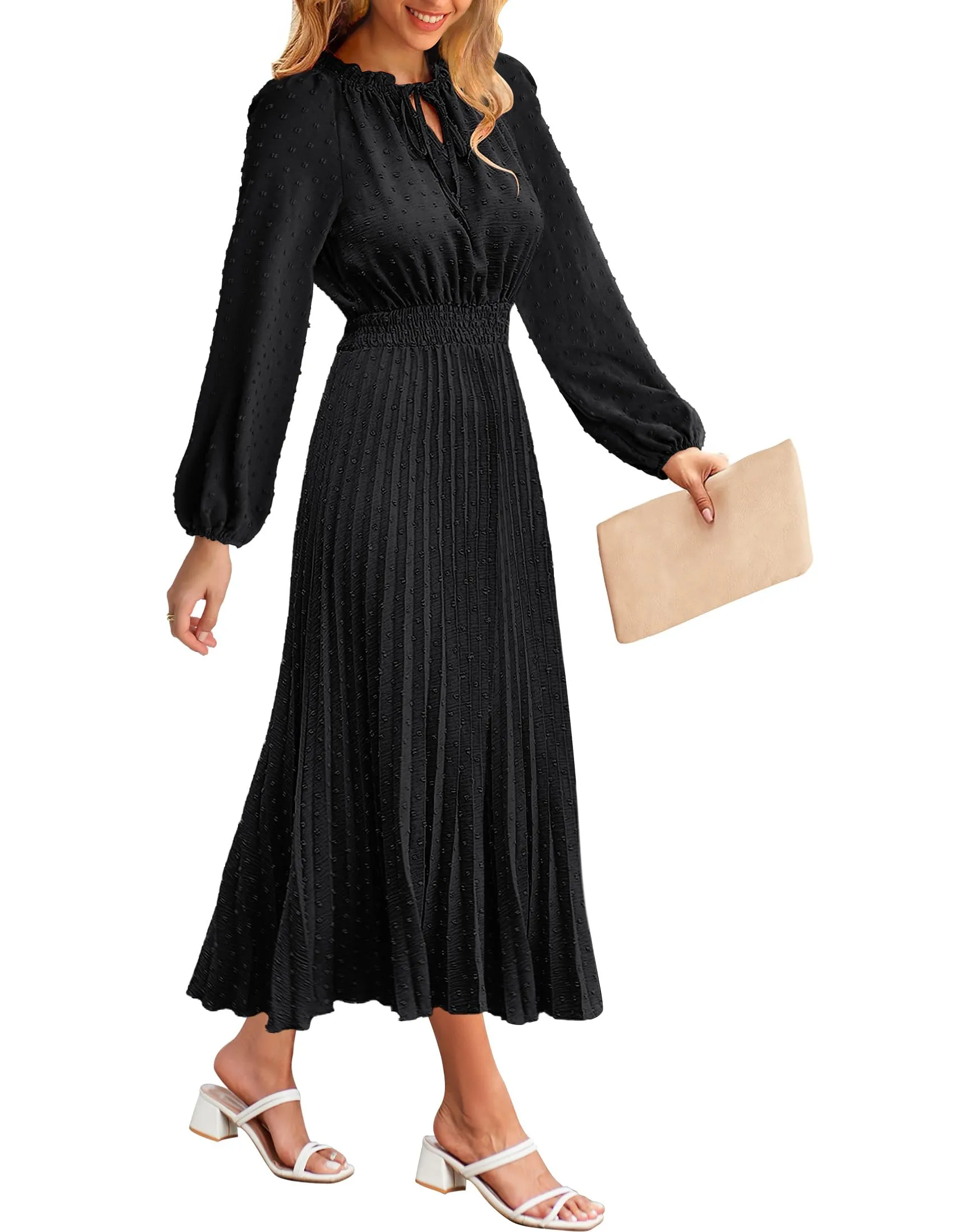 MEROKEETY Long Sleeve Tie V Neck Swiss Dot Pleated Maxi Dress