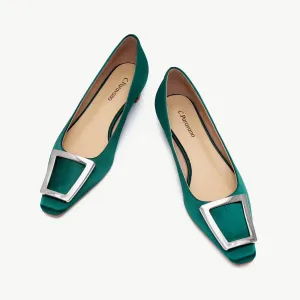 Metal Buckle Satin Low Heel (Lucia) Green