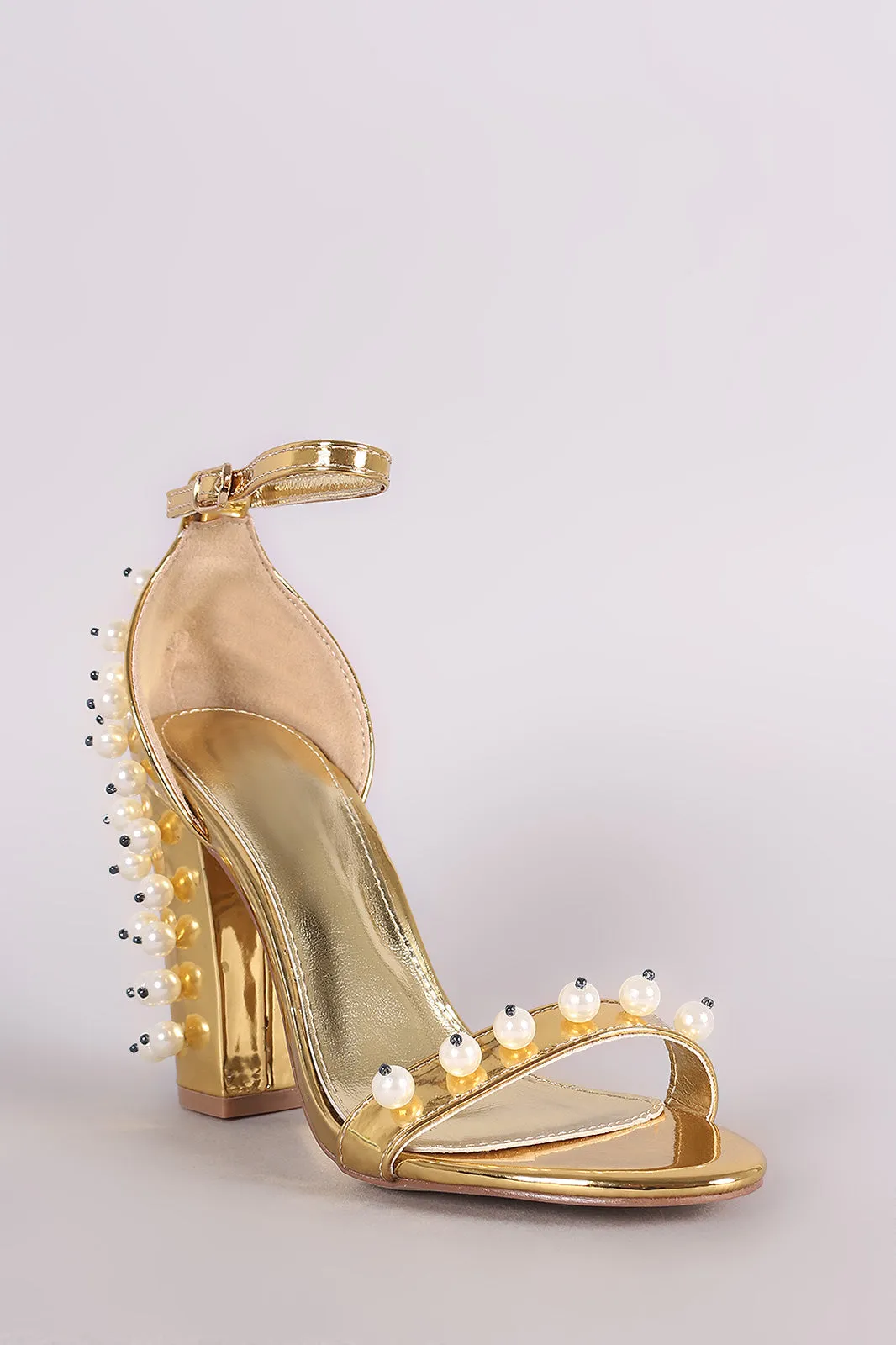 Metallic Patent Pearl Embellished Open Toe Ankle Strap Chunky Heel