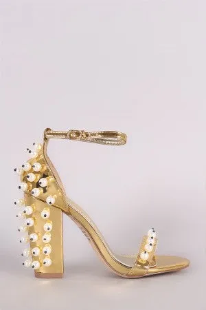 Metallic Patent Pearl Embellished Open Toe Ankle Strap Chunky Heel