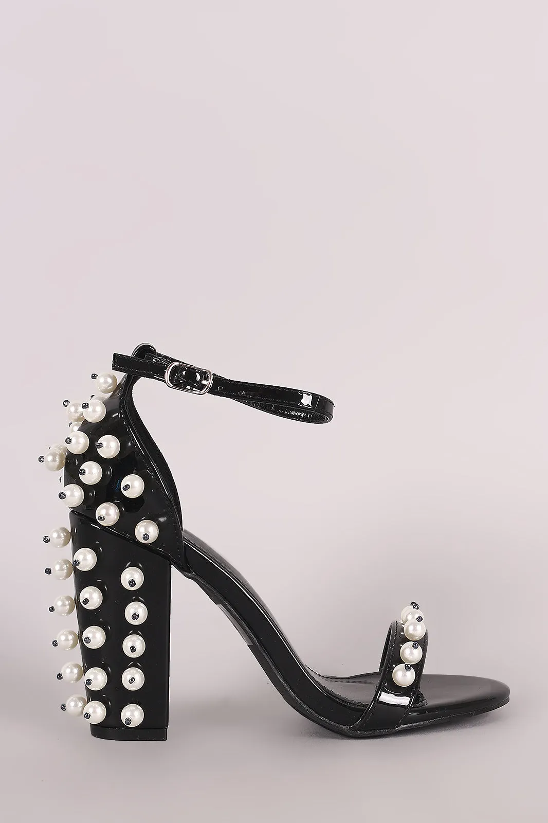 Metallic Patent Pearl Embellished Open Toe Ankle Strap Chunky Heel