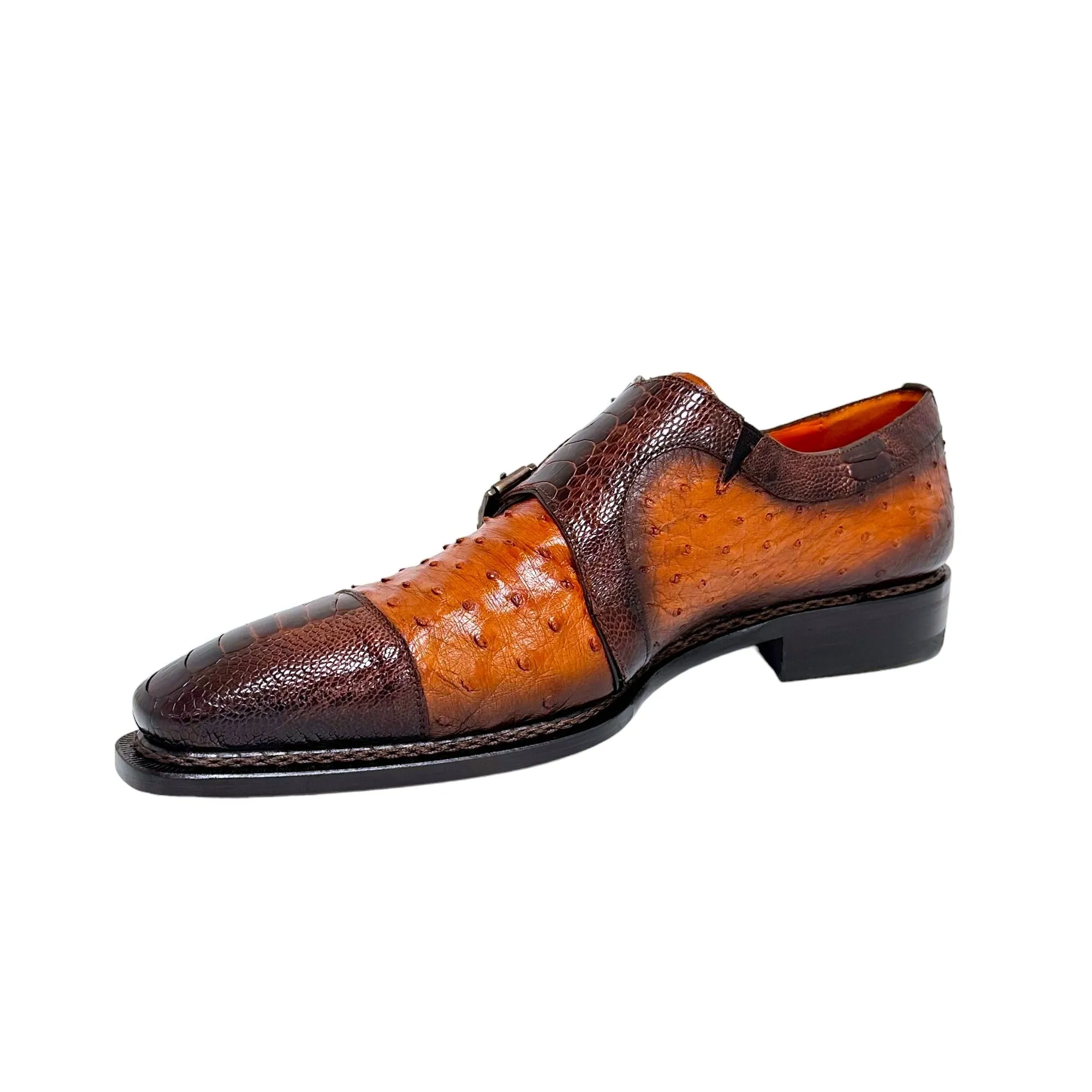 Mezlan SX4957-SP Men's Shoes Brown & Brandy Exotic Ostrich / Lizard Double Monk-Straps Loafers (MZ3679)