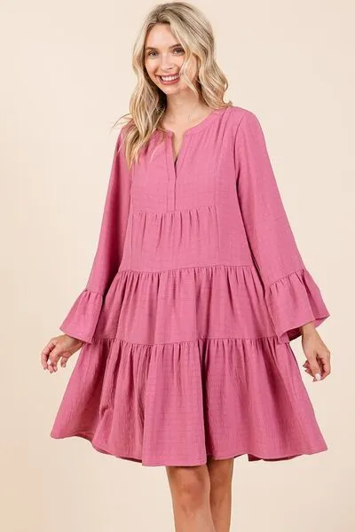 Mittoshop Rose Tiered Notched Flare Sleeve Dress