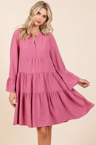 Mittoshop Rose Tiered Notched Flare Sleeve Dress