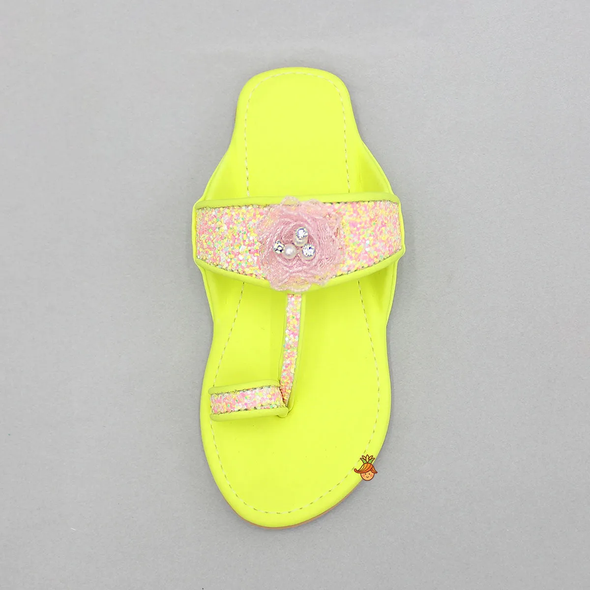 Multicoloured Hand Embroidered Flower Strap Green Kolhapuri Flats